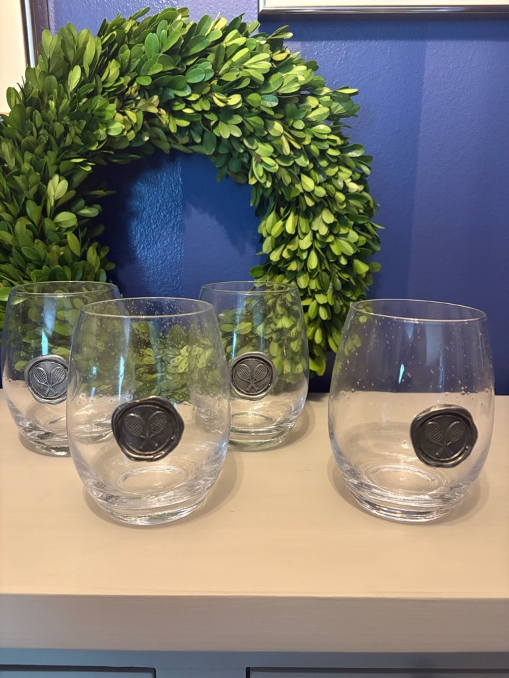 Southern Jubilee Stemless Wine/Tumblers with Pewter Tennis motif  - Set of 4